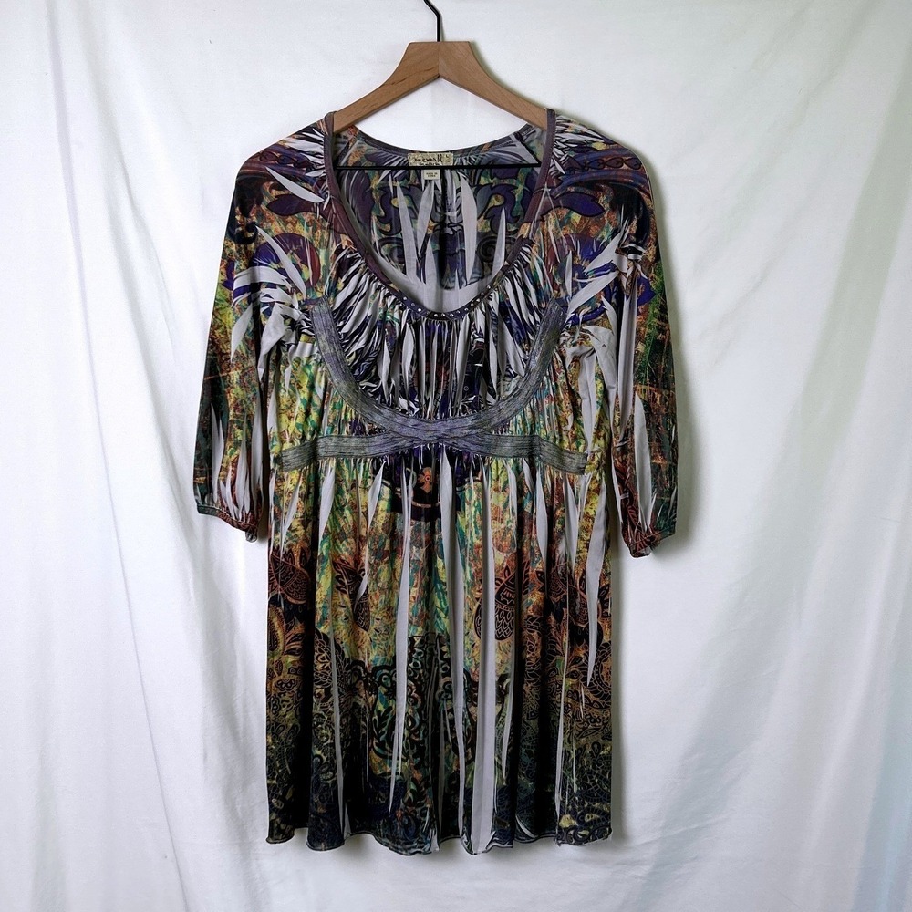 One World Womens Tunic Top Multicolor Size L Paisley Metallic Empire Waist Boho